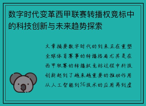 数字时代变革西甲联赛转播权竞标中的科技创新与未来趋势探索
