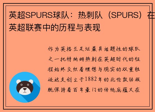 英超SPURS球队：热刺队（SPURS）在英超联赛中的历程与表现